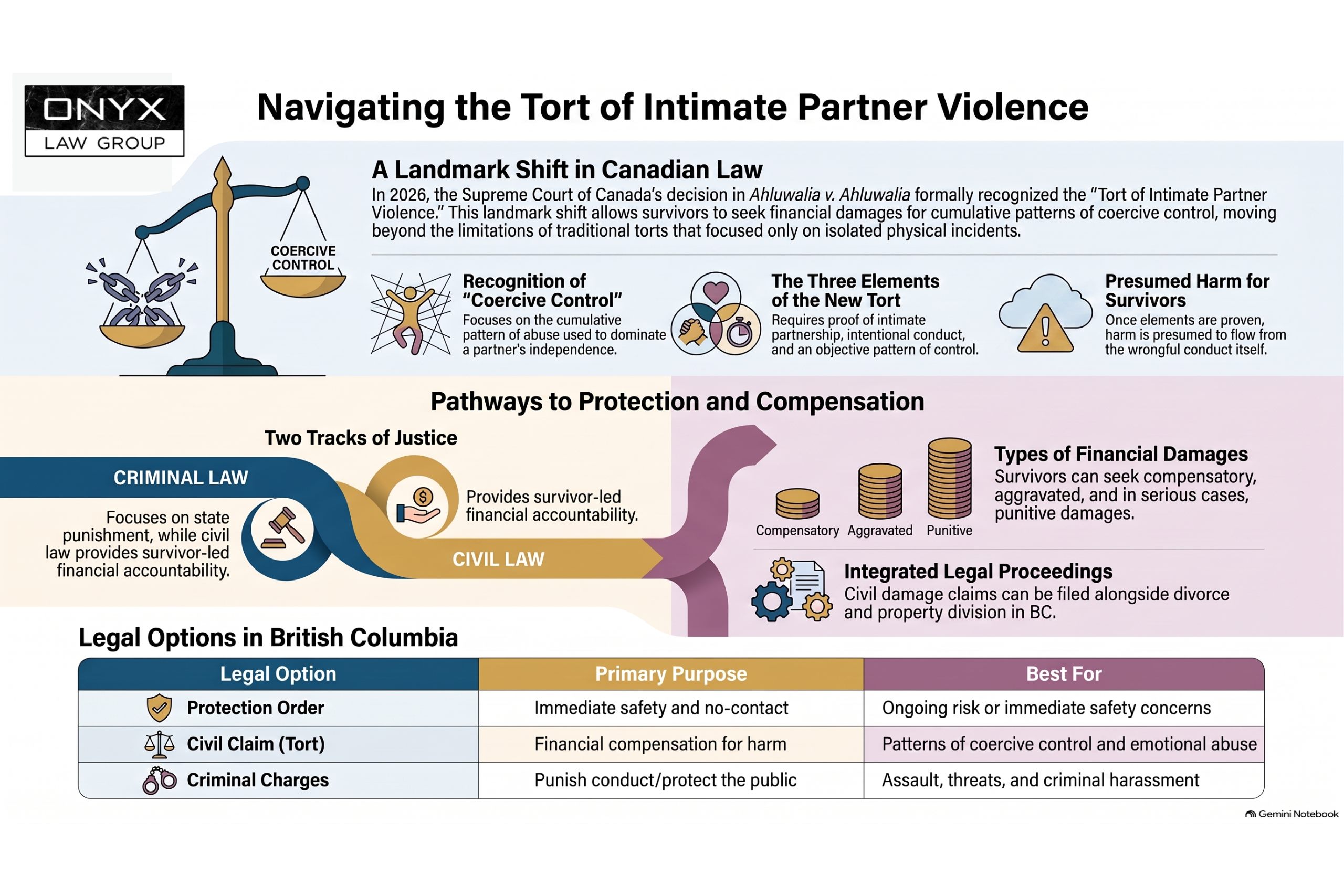 Infographic on navigating the tort of intimate partner violence in British Columbia, including the Ahluwalia case and legal options