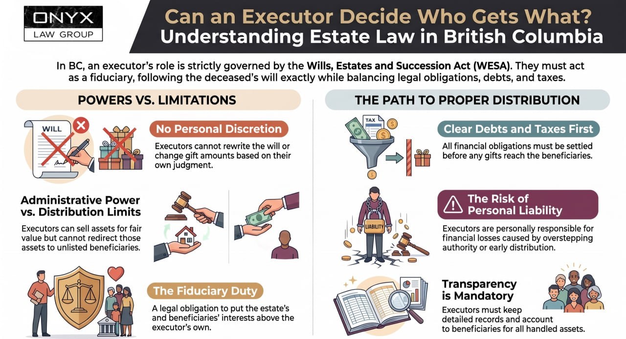 Can an executor decide who gets what? Understanding estate law in British Columbia Infographic on whether an executor can decide who gets what in BC: an executor's powers versus limitations under WESA, the fiduciary duty, and the path to proper distribution