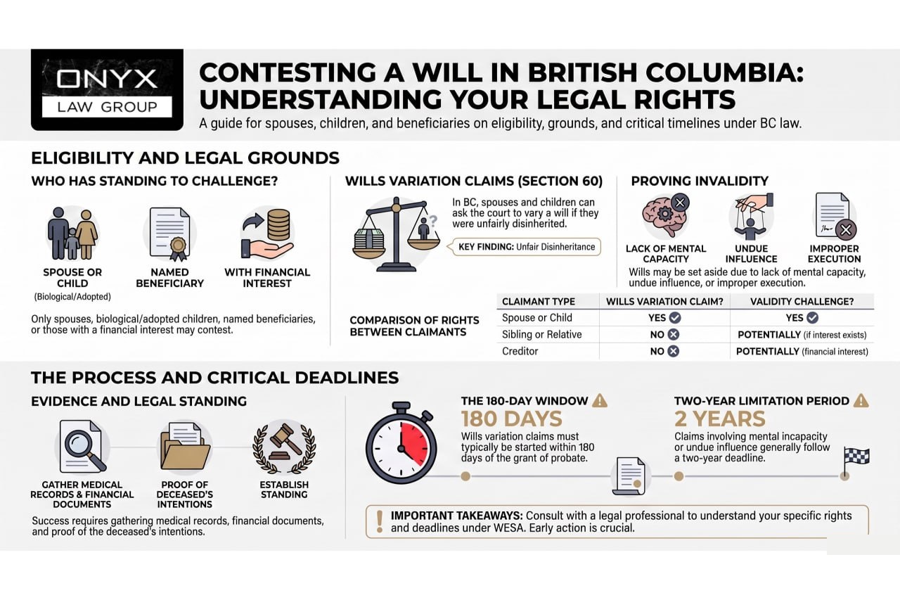 Infographic on contesting a will in British Columbia: who has standing (spouse, child, named beneficiary, financial interest), the grounds for a wills variation claim under section 60, and the 180-day and two-year deadlines