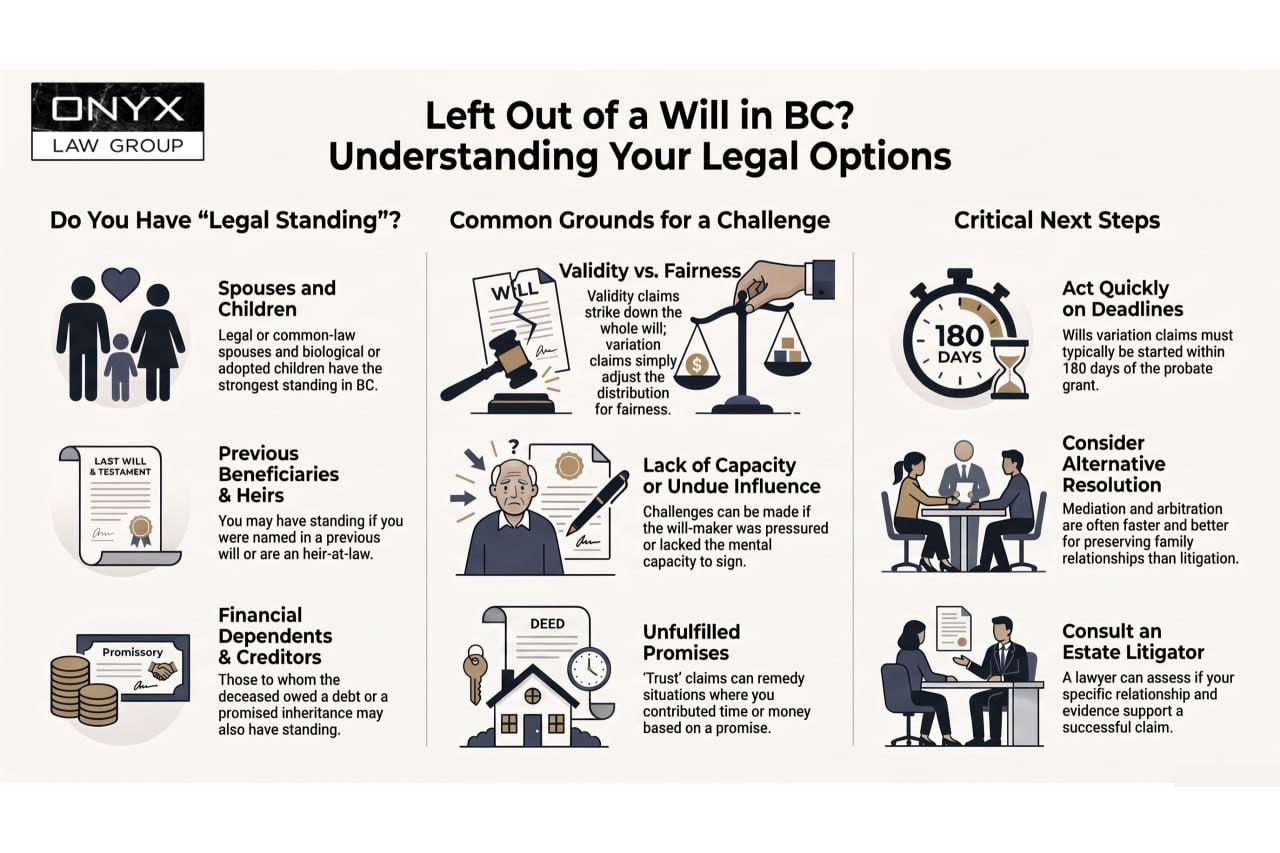 Infographic on contesting a will in BC when you are not named: legal standing, grounds for a challenge and next steps