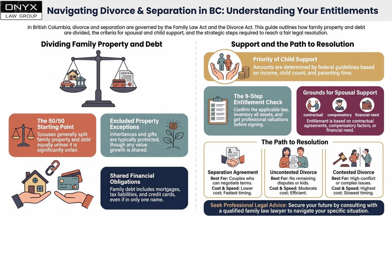 Infographic on dividing family property and debt in a BC divorce, the grounds for spousal and child support, and the paths to resolution
