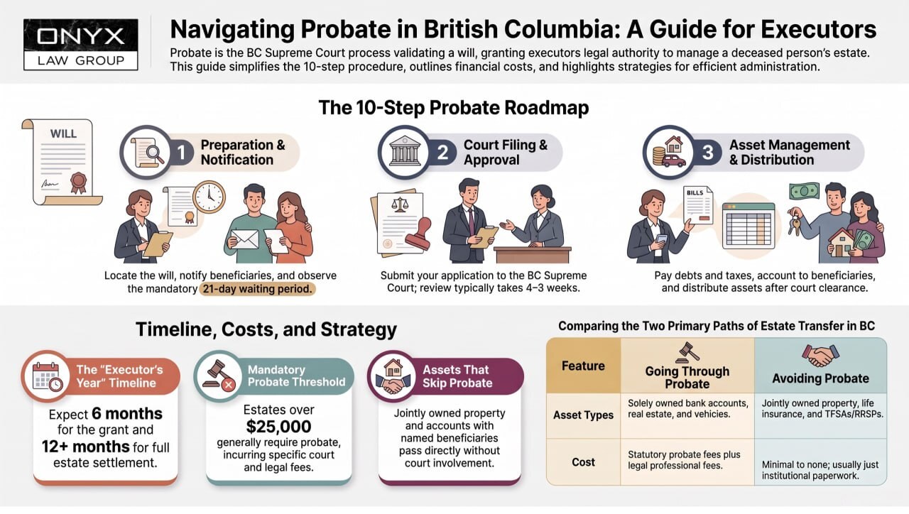 Infographic on navigating probate in British Columbia: the ten-step roadmap grouped into preparation and notification, court filing and approval, and asset management and distribution, with the mandatory 21-day waiting period, the executor's year timeline of six months to the grant and twelve or more months to full settlement, the $25,000 probate threshold, the assets that skip probate, and a comparison of going through probate against avoiding it