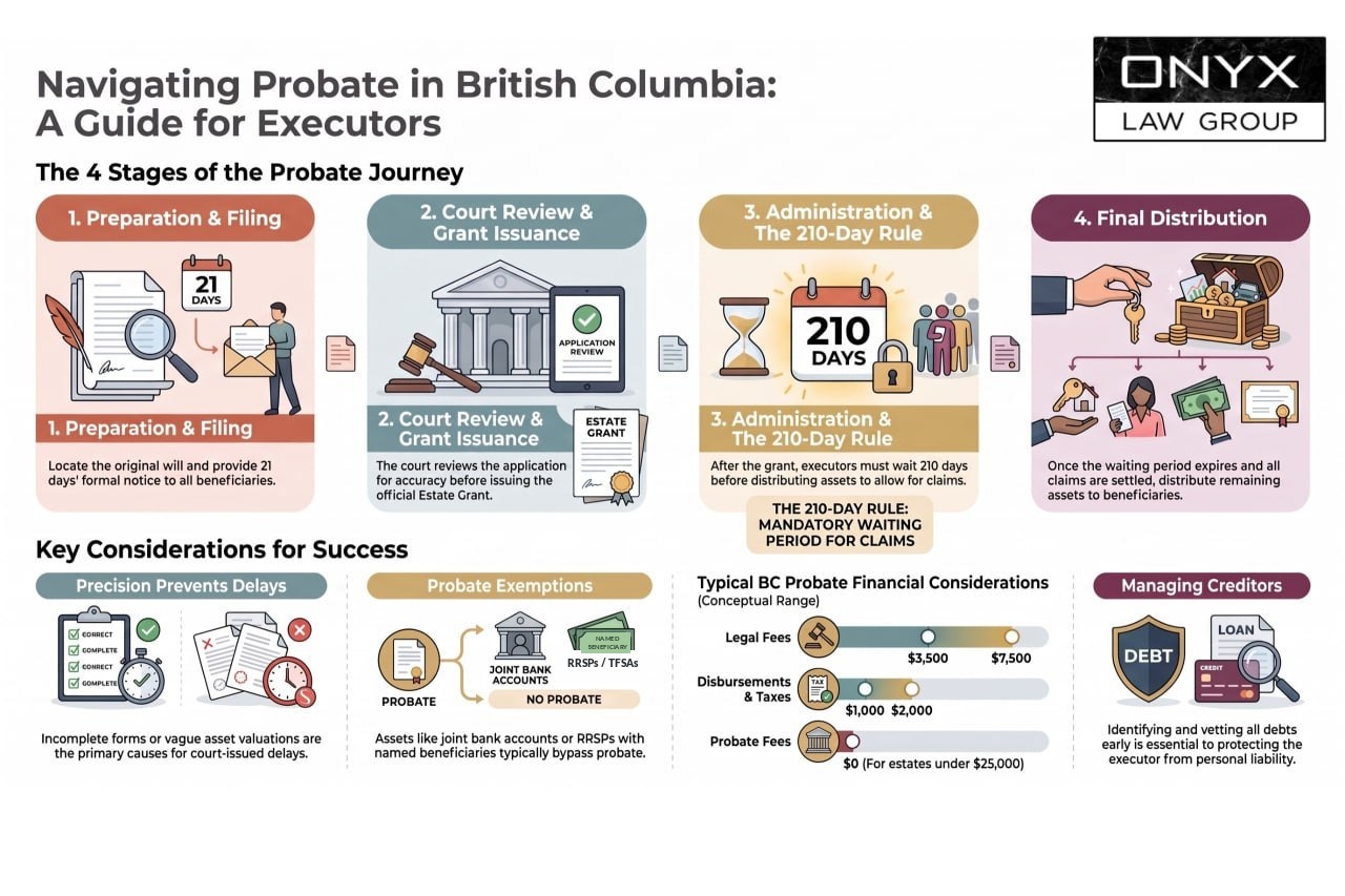 Navigating Probate in British Columbia: A Guide for Executors Infographic on probate in British Columbia: the four stages from preparation and filing through the 210-day waiting period to final distribution, what bypasses probate, and typical probate costs