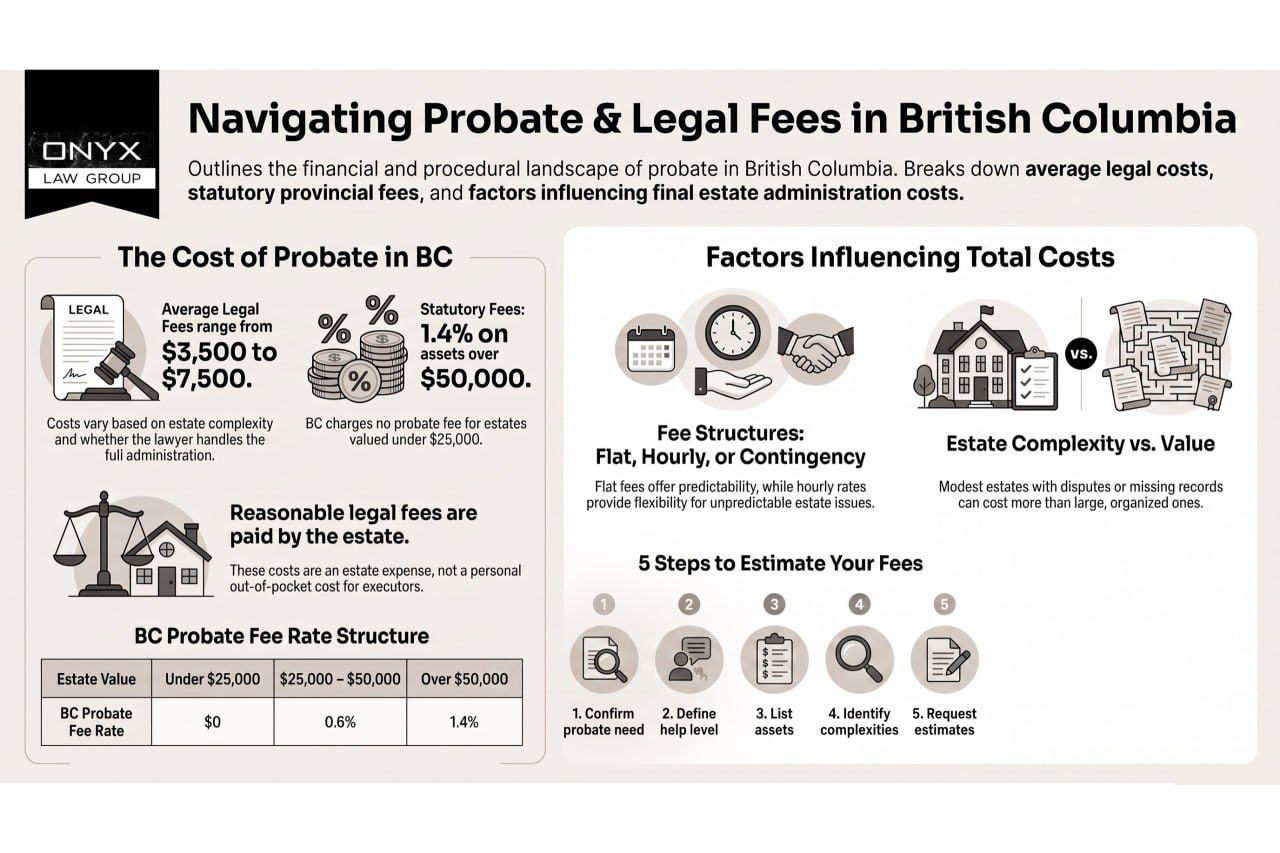 Navigating Probate & Legal Fees in British Columbia Infographic on probate legal fees in British Columbia: average lawyer fees of $3,500 to $7,500, the statutory rate of 1.4% on assets over $50,000, and the five steps to estimate your own costs