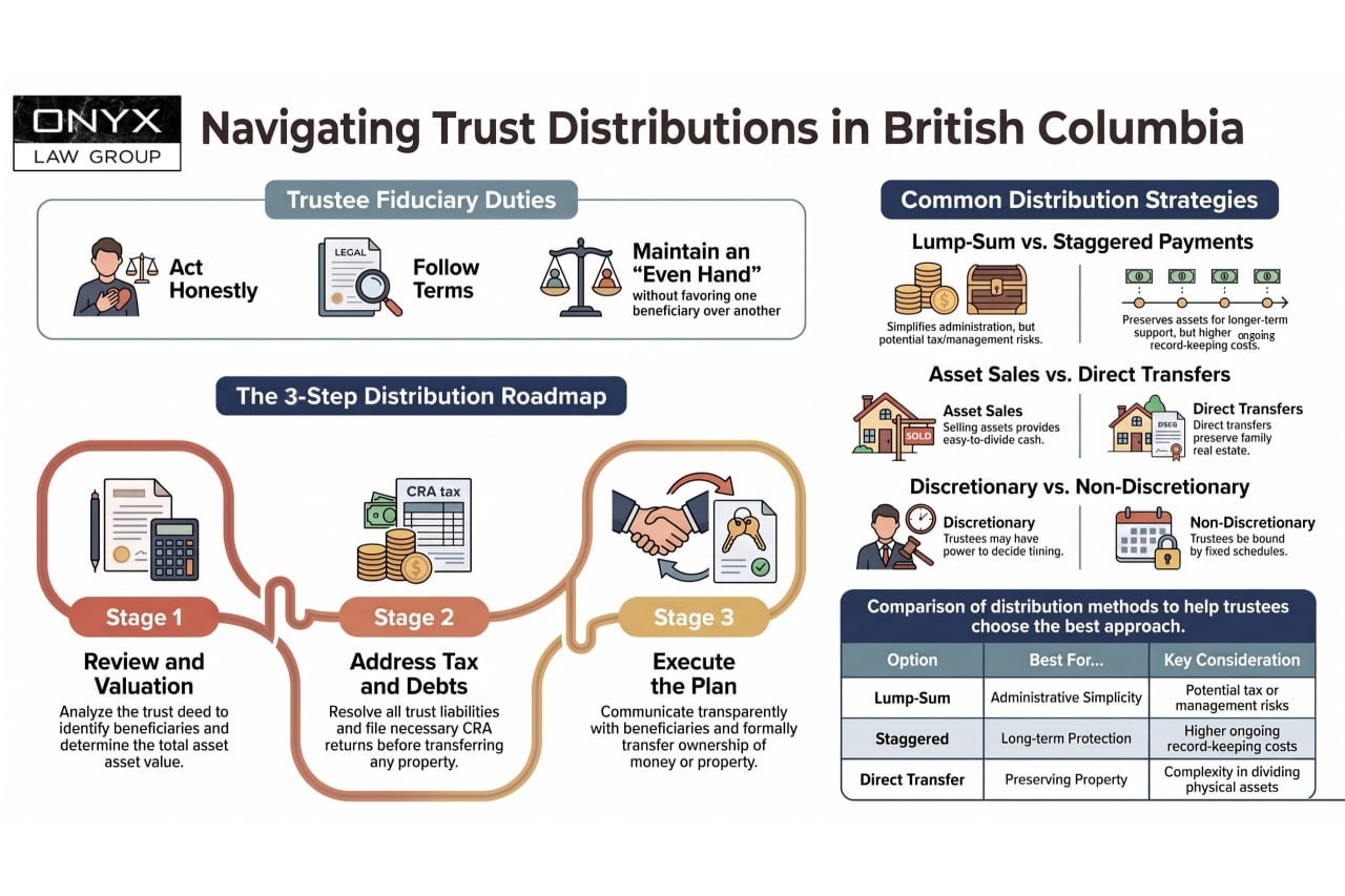 Infographic on trust distributions in British Columbia: the trustee duties to act honestly, follow the terms and maintain an even hand, a three-stage roadmap from valuation to execution, and a comparison of lump-sum, staggered and direct-transfer methods