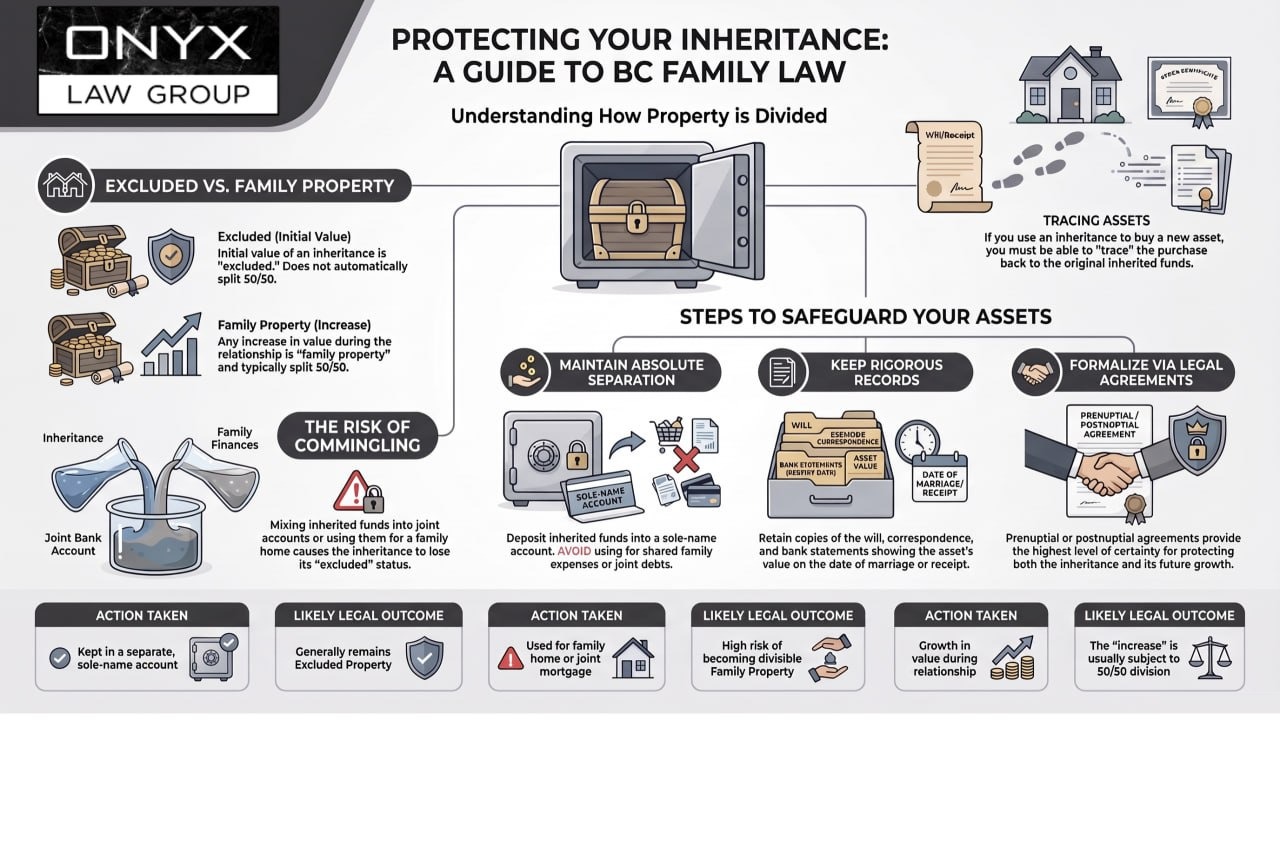 Protecting Your Inheritance: A Guide to BC Family Law Infographic explaining how BC family law divides an inheritance: excluded property versus family property, the risk of commingling inherited funds, and the steps to safeguard an inheritance