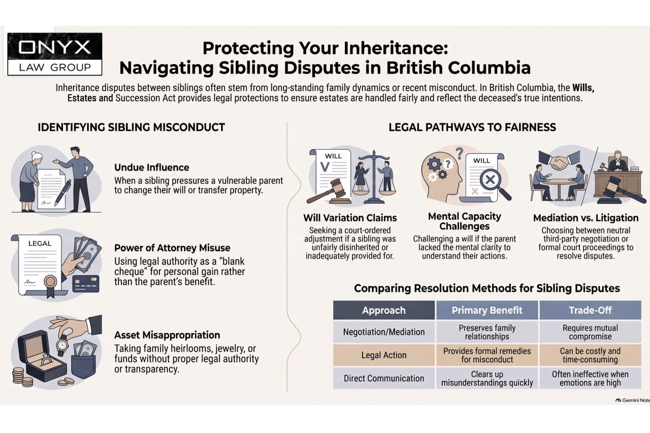 Infographic on identifying sibling misconduct and the legal pathways to fairness in British Columbia inheritance disputes