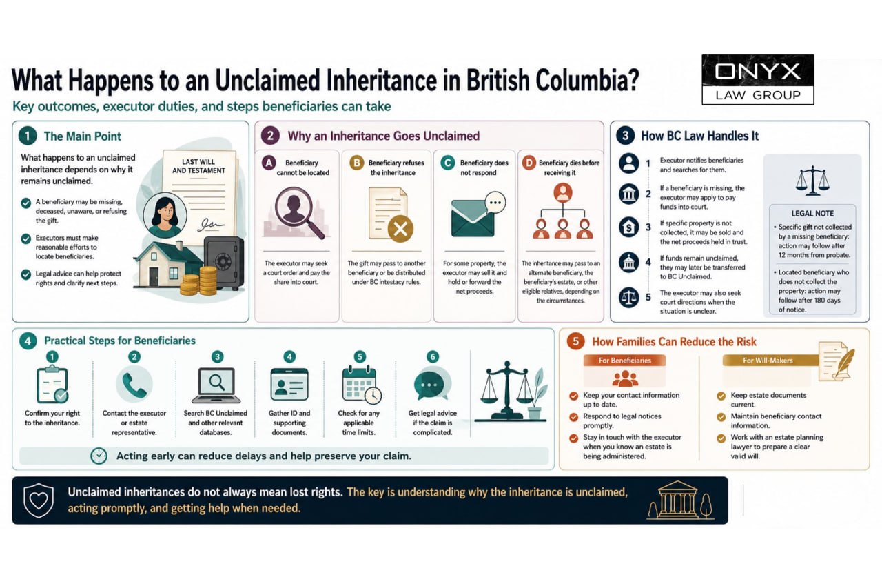 What happens to an unclaimed inheritance in British Columbia, at a glance Infographic on unclaimed inheritances in British Columbia: why an inheritance goes unclaimed, how BC law handles it, the practical steps a beneficiary can take, and how families can reduce the risk